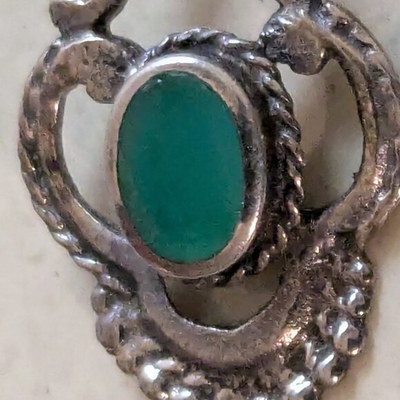 Delicate Ornate Sterling Dangle Earrings with Emerald Colored Inlay - Picture 7 of 10